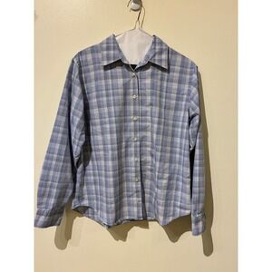 Lands End Womens 8 Petite Blue Plaid Button Up‎ Shirt Long Sleeve Cotton Blend